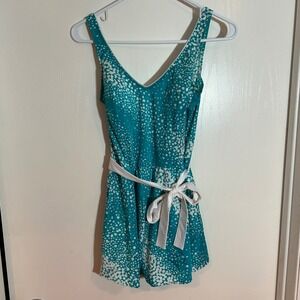 Teal Green Sleeveless White Polka‎ Dot Print swimsuit dress